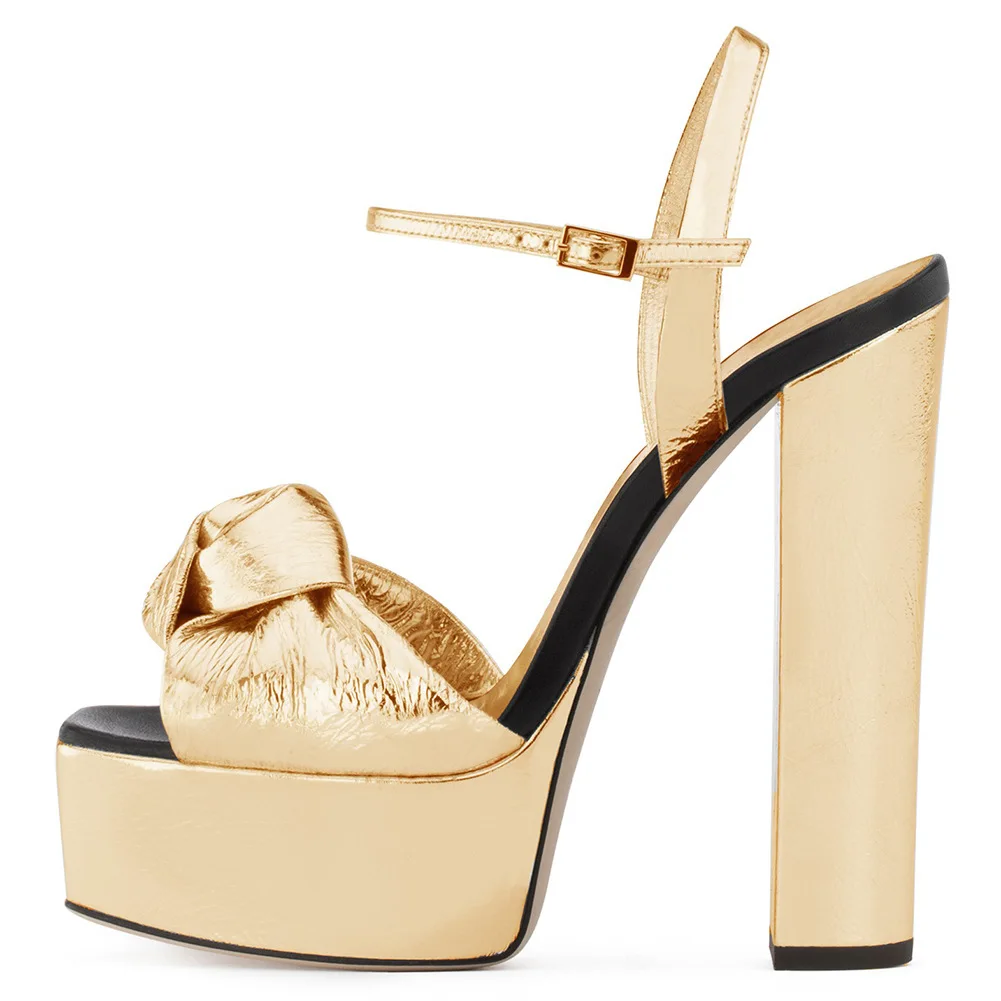 

Women Knotted High Heel Sandals Gold Sliver Platforms Supper High Dress Heels Ladies Chunky Heel Summer Shoes Size 34-45