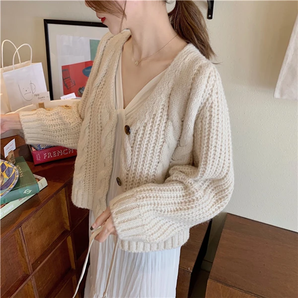 beige sweater RUGOD, винтажный однотонный вязаный кардиган, свитер, женский, элегантный, однобортный, витой, осенняя, зимняя одежда для женщин,, повседневное пальто - Цвет: beige sweater