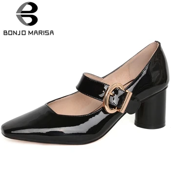 

BONJOMARISA New Spring Fashion Genuine Leather Pumps Elegant Solid Mary Janes Pumps Women High Heels OL Shoes Woman