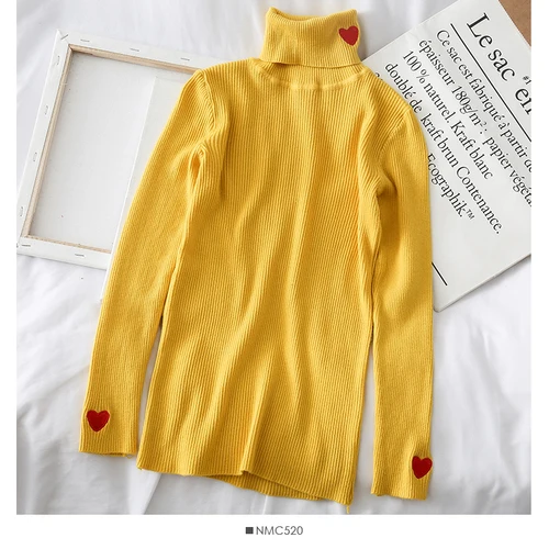 Gaganight, вышивка в виде сердца, женский свитер с высоким воротом, длинный рукав, однотонный тонкий вязаный пуловер, Женский Милый джемпер для девочек - Цвет: Yellow