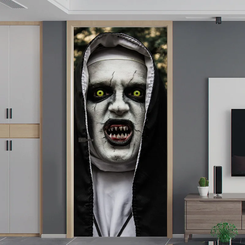 Halloween Creative Horror Door Stickers Nun with Vampire Teeth 3D Art Wall Sticker Scary Halloween Party Props Home Decor Halloween Creative Horror Door Stickers Nun with Vampire Teeth 3D Art Wall Sticker Scary Halloween Party Props Home Decor