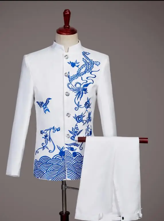 Китайский костюм-туника винтажный блейзер в полоску с вышивкой брюки из 2 предметов мужской костюм хор сценический костюм певец и ведущий формальный костюм - Цвет: White