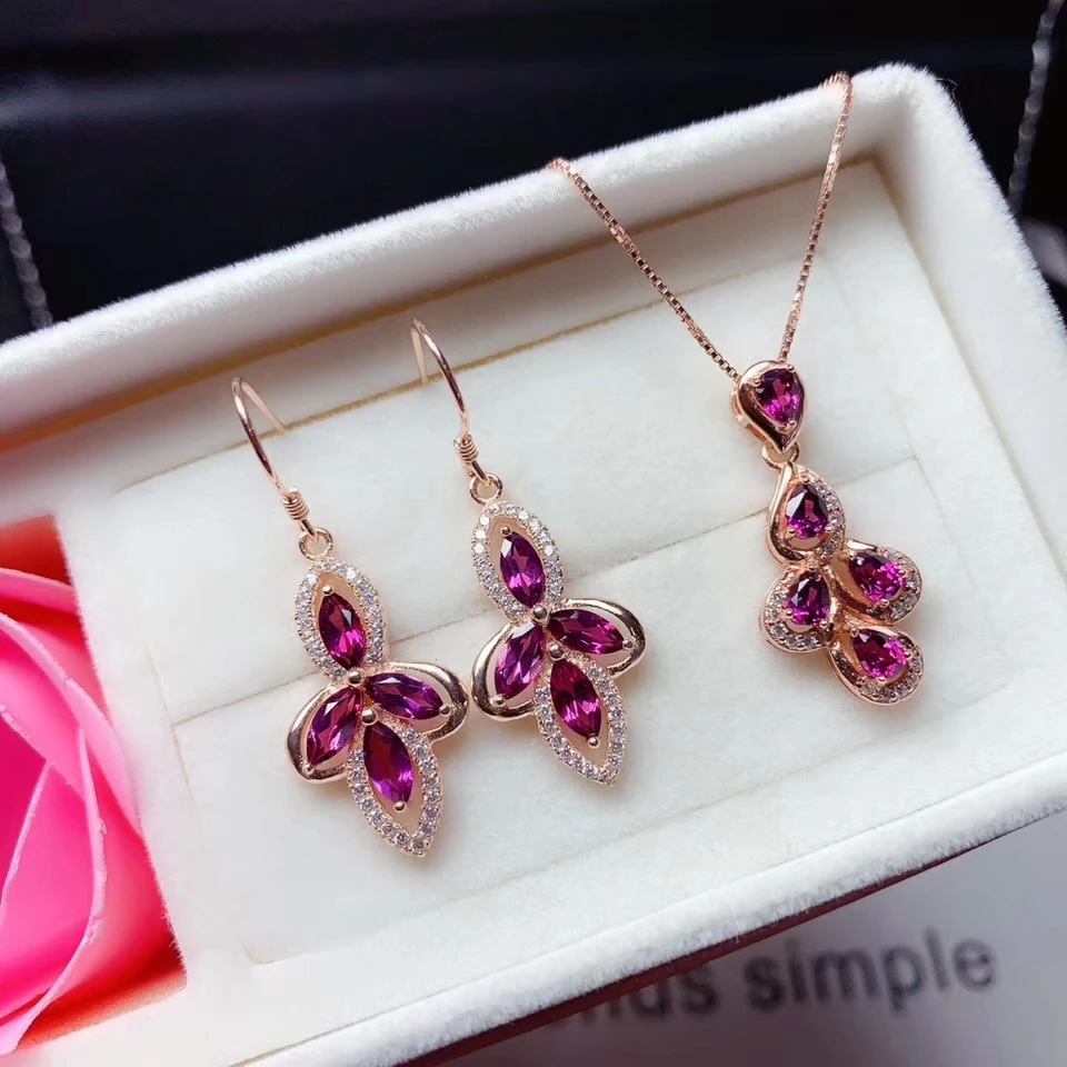 

beautiful garnet hook earrings and necklace jewelry set for women real 925 silver natural gem girl birthday gift square gem