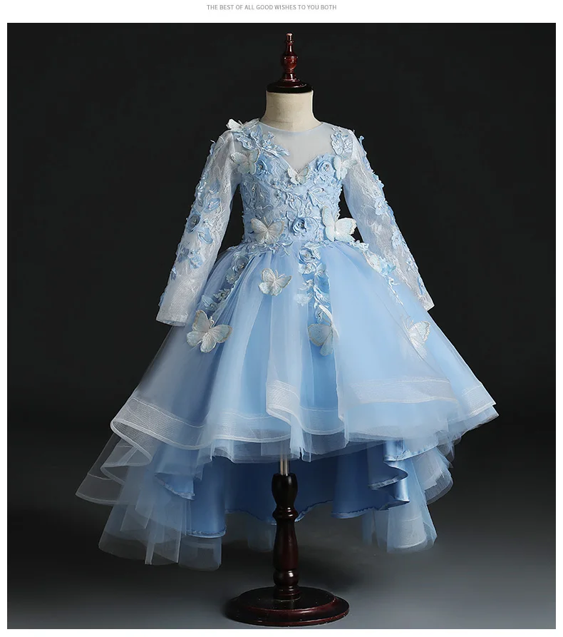 Голубое Тюлевое платье для маленьких девочек кружевное платье с бабочками и цветочным рисунком, крещение новорожденного, 1 год, день рождения, свадебное платье крестильное платье для младенцев