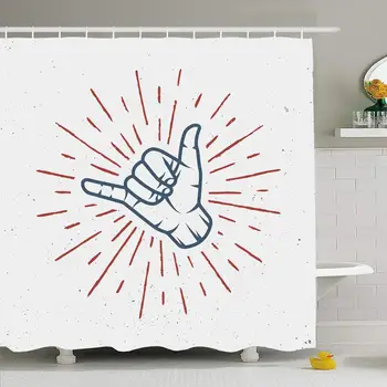 

Shower Curtain Set with Hooks 66x72 Vacation Vintage Surfer Surfing Shaka Hand Retro Point Sunburst Signs Symbols Summer Objects