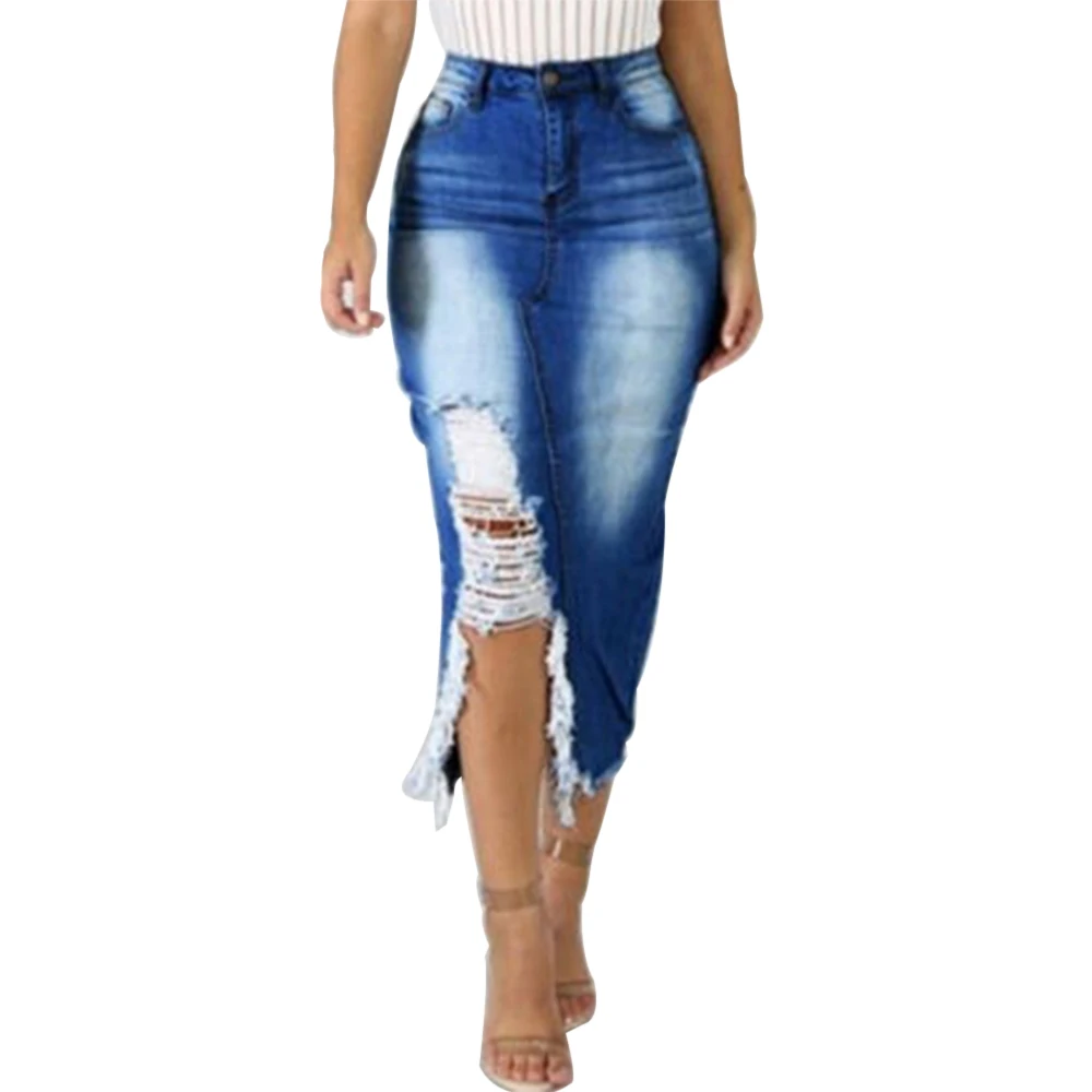 Женские облегающие джинсовые юбки, сексуальная высокая талия до середины икры, Женская юбка, высокая уличная рваная Повседневная джинсовая юбка, облегающая юбка-карандаш - Цвет: lake blue