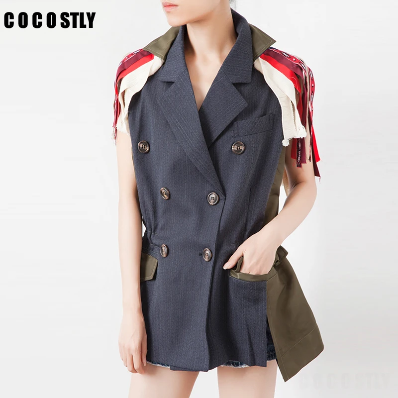 

Loose Fit Pattern Print Tassels Double Breasted Jacket Women Lapel Short Sleeve Women Coat Fashion Autumn Winter 2019