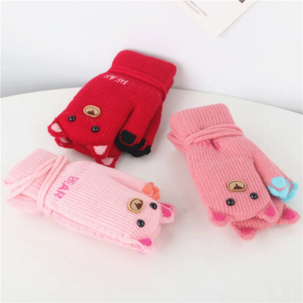 Baby Gloves Kid Girls Boys Winter Knit Cartoon Patchwork Keep Warm Mittens Lanyard Gloves Детские перчатки Gants pour enfants