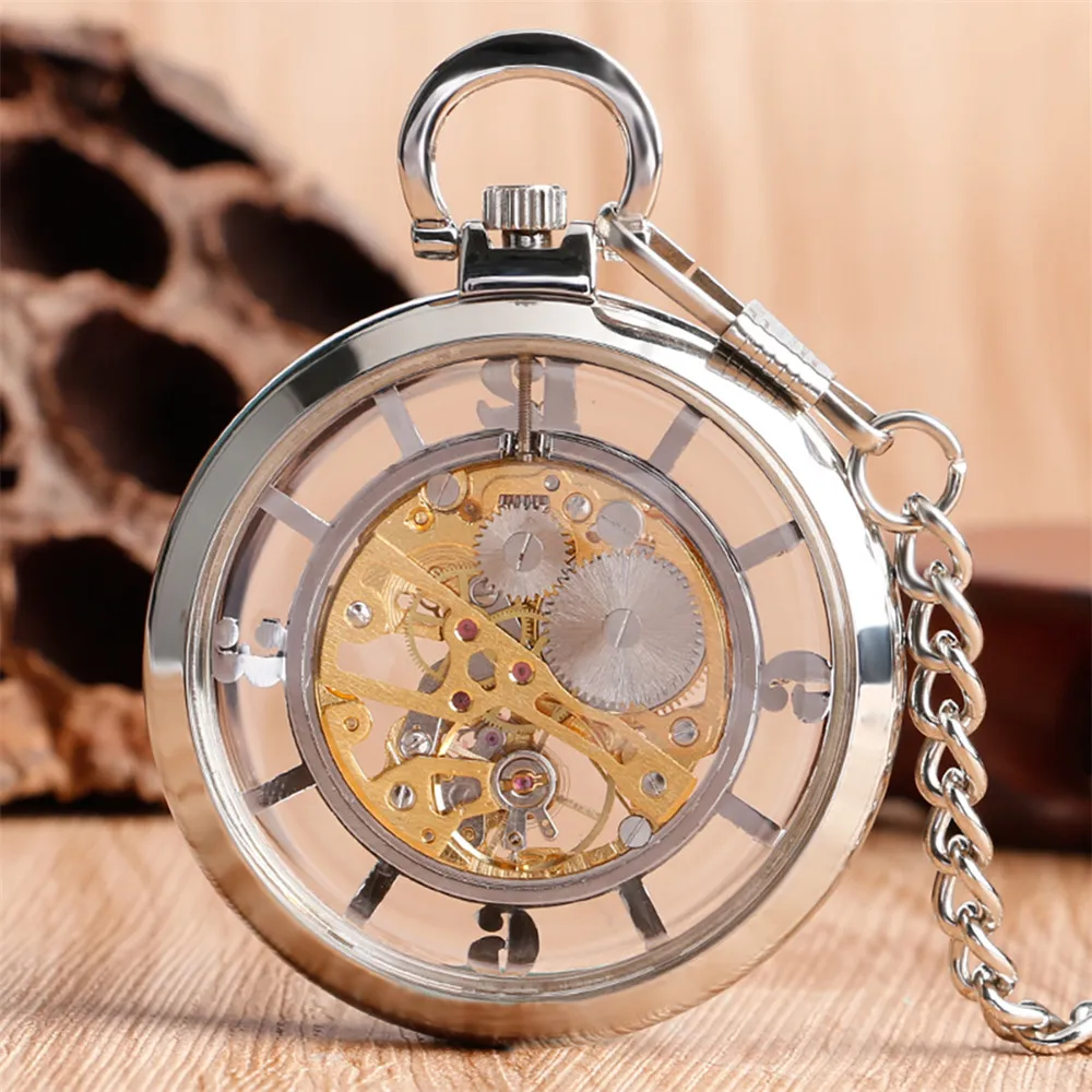 Elegant Vintage Silver Mechanical Pocket Watch Transparent Arabic Numerals Display Pendant Hand Winding Mechanism Pocket Clock