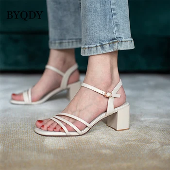 

BYQDY Summer Fashion Narrow Band Ankle Strap Woman Sandals High Heels White Sandals Woman Shoes Square Heels Club Shoes Big 11