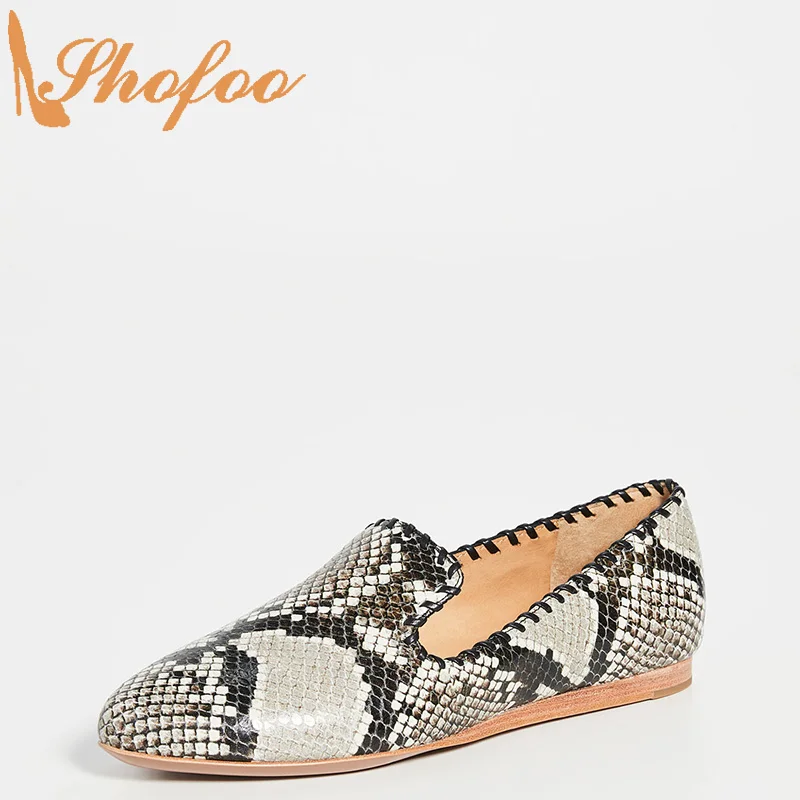 

Gray Snake Skin Print Flats Woman Round Toe Ballet Shoes Slip On Large Size 13 16 For Ladies Autumn Fashion Office Mature Shofoo