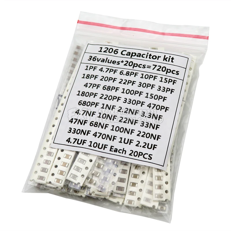 36Values 1pF-10uF Electronic Capacitor set 1206 SMD Ceramic Capacitors assortment kit 22PF 47PF 22NF 100NF 2.2UF 4.7UF 0603 0805 5pcs lot resistor capacitor inductor ic smd smt components sample book empty page for 0402 0603 0805 1206 electronic component