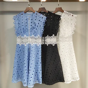

Elegant hollow out Patchwork lace waist women dress sleeveless slim fashion lady mini dress 2020 spring summer new