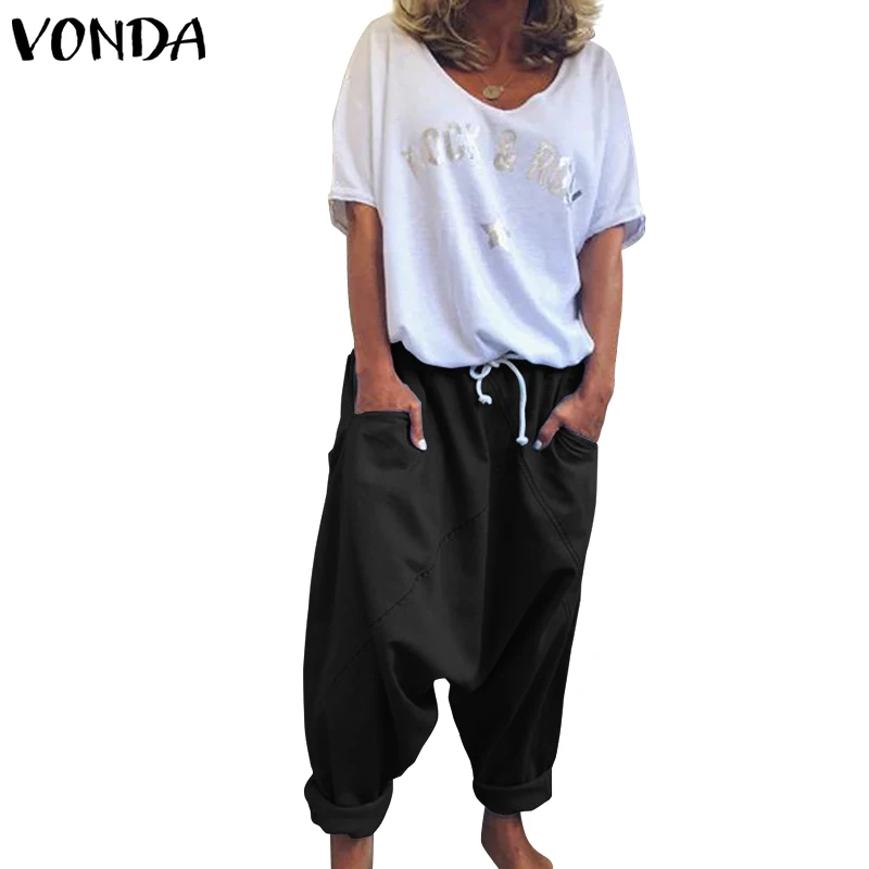 VONDA шаровары повседневные джинсовые однотонные женские брюки больших размеров широкие брюки богемные летние штаны комбинезоны - Цвет: Черный