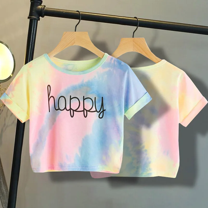 Женская футболка повседневный топ для девочек с надписью Happy Letter короткий
