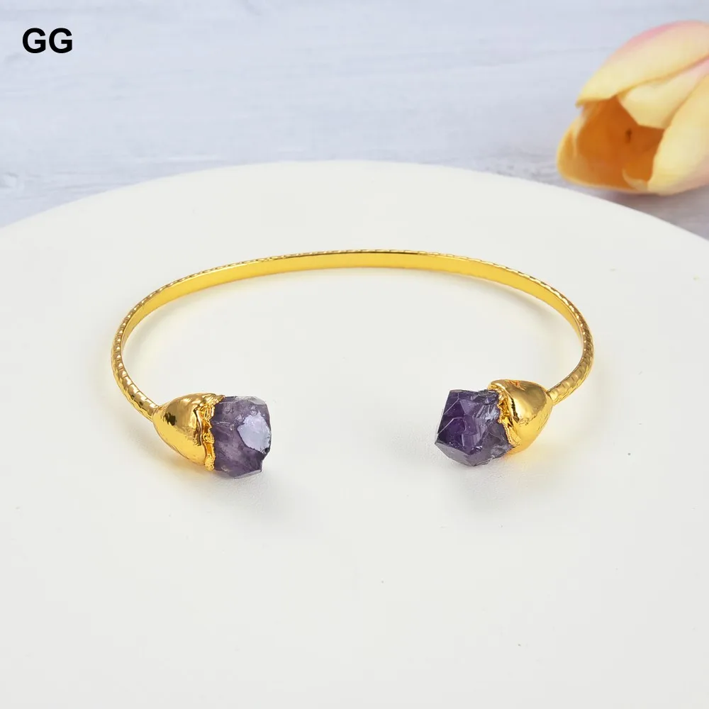 GuaiGuai Jewelry Natural Purple Amethyst Rough 24 K Yellow Golde Plated Bangle Bracelet
