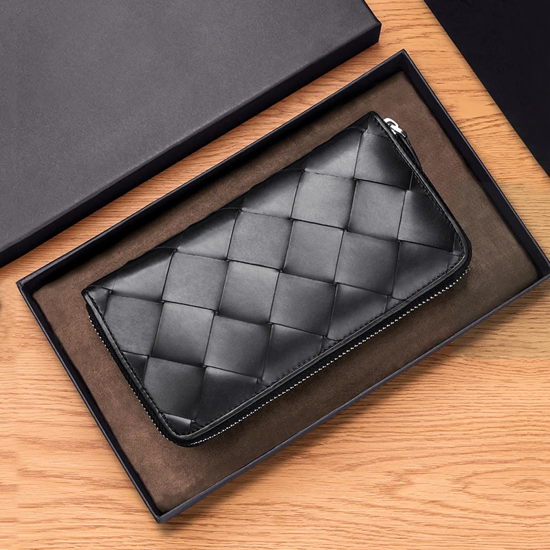 

2020 New 100% Leather Long Wallet Men's Zip-up Storage Wallet Woven Large Plaid Luxury Brand Simple Fashion Women's Clutch bag