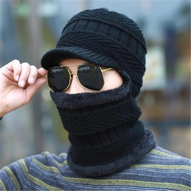 Men Winter Knitted Cap Scarf Set Skullies Autumn Winter Warm Soft Comfortable Man Beanies Thicken Windproof Mens Outdoor