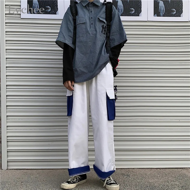 Lychee Harajuku, винтажные Лоскутные женские штаны, карманы, широкие штанины, свободные женские штаны, повседневные, эластичная талия, весенние женские штаны