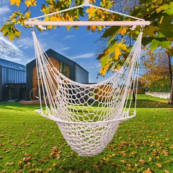 

Outdoor Portable Hammock Chair Beige Cotton Rope Net Swing Rope Balcony Indoor Garden Hanging Chair BJStore