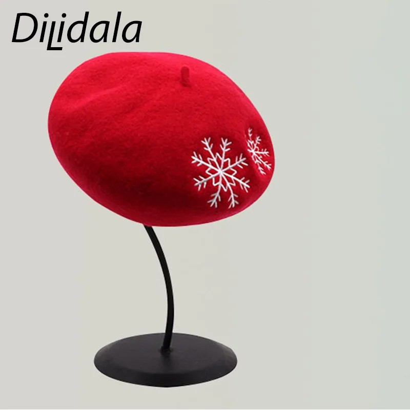 Dilidala, женский берет, Корейская версия, вышивка снежинками, шерстяной берет, женский, японский тренд, дикое искусство, живописная шляпа