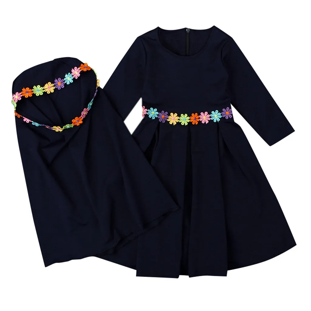 Мусульманское длинное мусульманское платье с вышивкой и хиджабом для маленьких девочек Одежда для маленьких девочек детская одежда Meisjes Kleding - Цвет: Dark blue