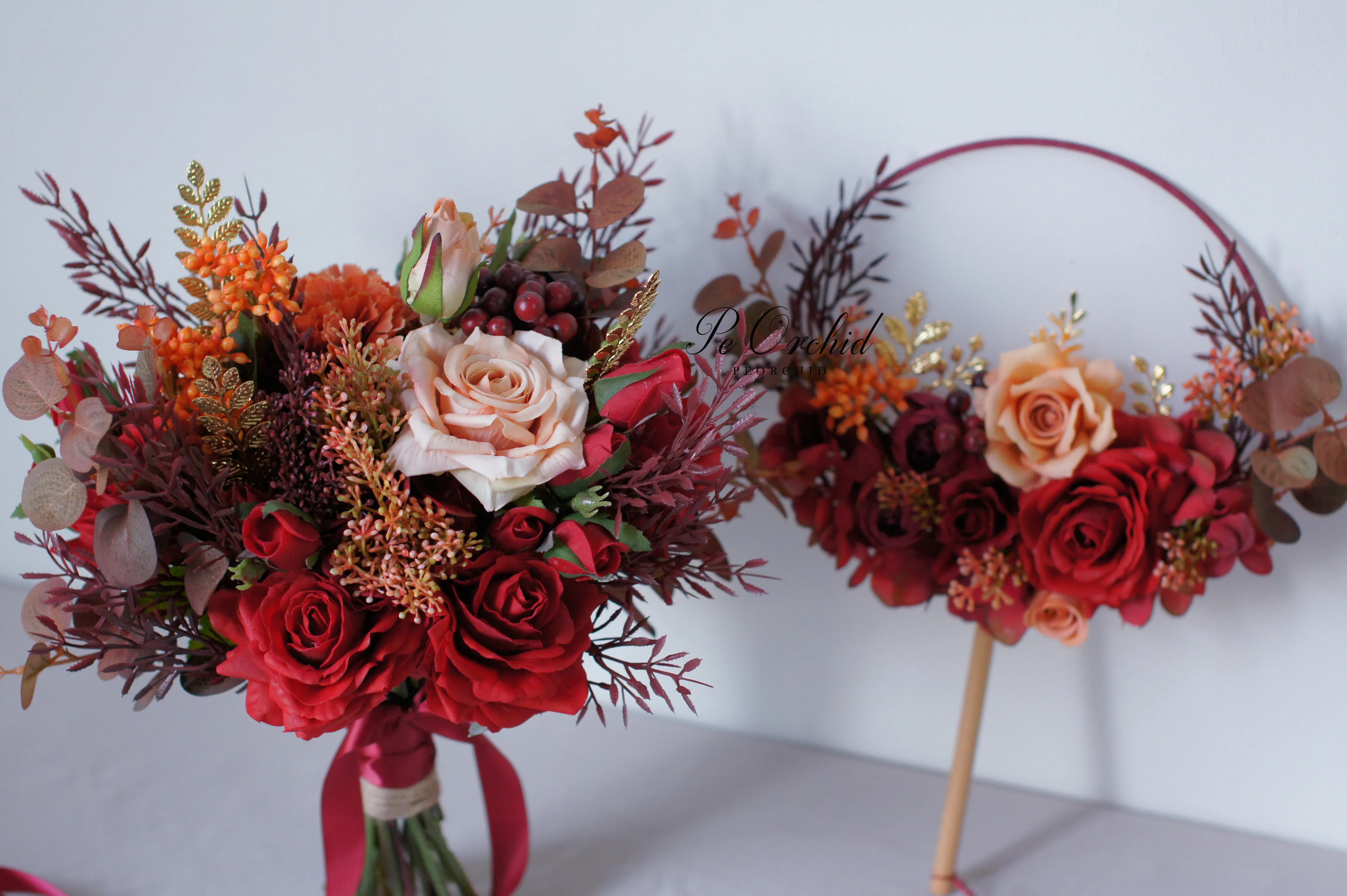 PEORCHID Vintage Burgundy Wedding Bouquet Rose Artificial flowers Decoration 2020 Brand New Bridal Gold Broach Bouquet