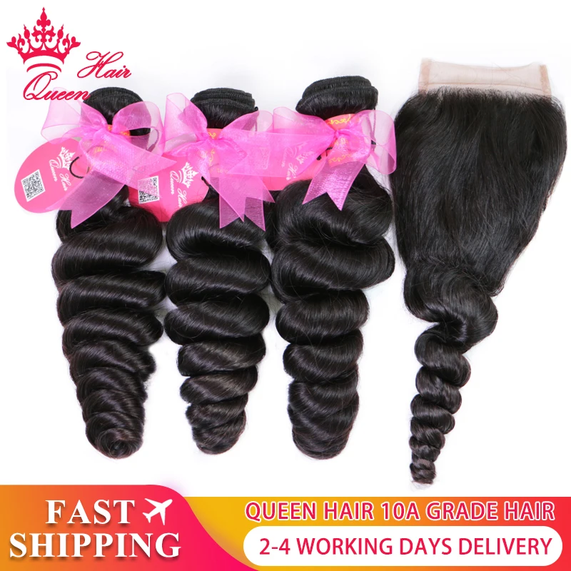 Queen Hair Official Store Brazilian Loose Wave Bundles with Closure 100% Human Hair 3 Bundles With Lace Closure Free Shipping