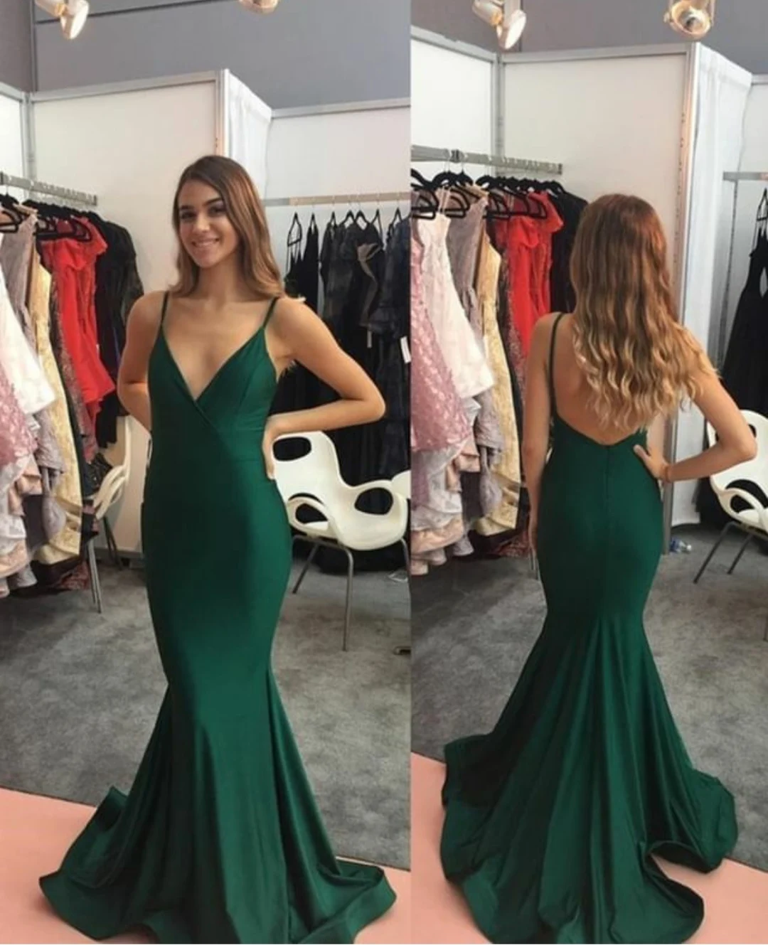 

Sexy Strapless Long Green V-Neck Evening Dresses Mermaid Open Back Stretchy Abendkleid Robes de Soirée for Women