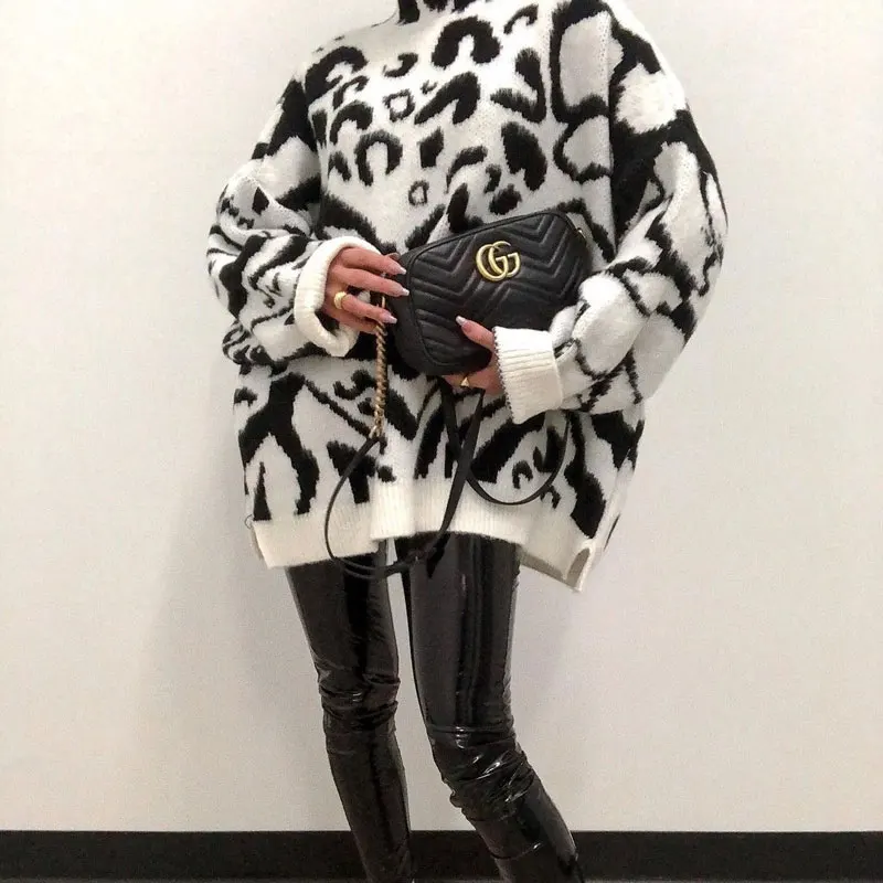 

Winter Turtleneck Knitted Ladies Sweater Women Loose Zebra Long Sweaters Jumpers Casual Autumn Oversized Tops Pullover 2020