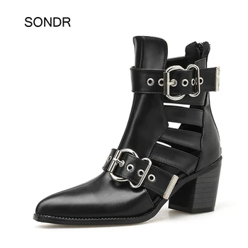 

2019 Autumn Shoes Women Fashion Boots Med Heels Boots Ladies footware zapatos de mujer Martin Boots Hollow Female botas mujer