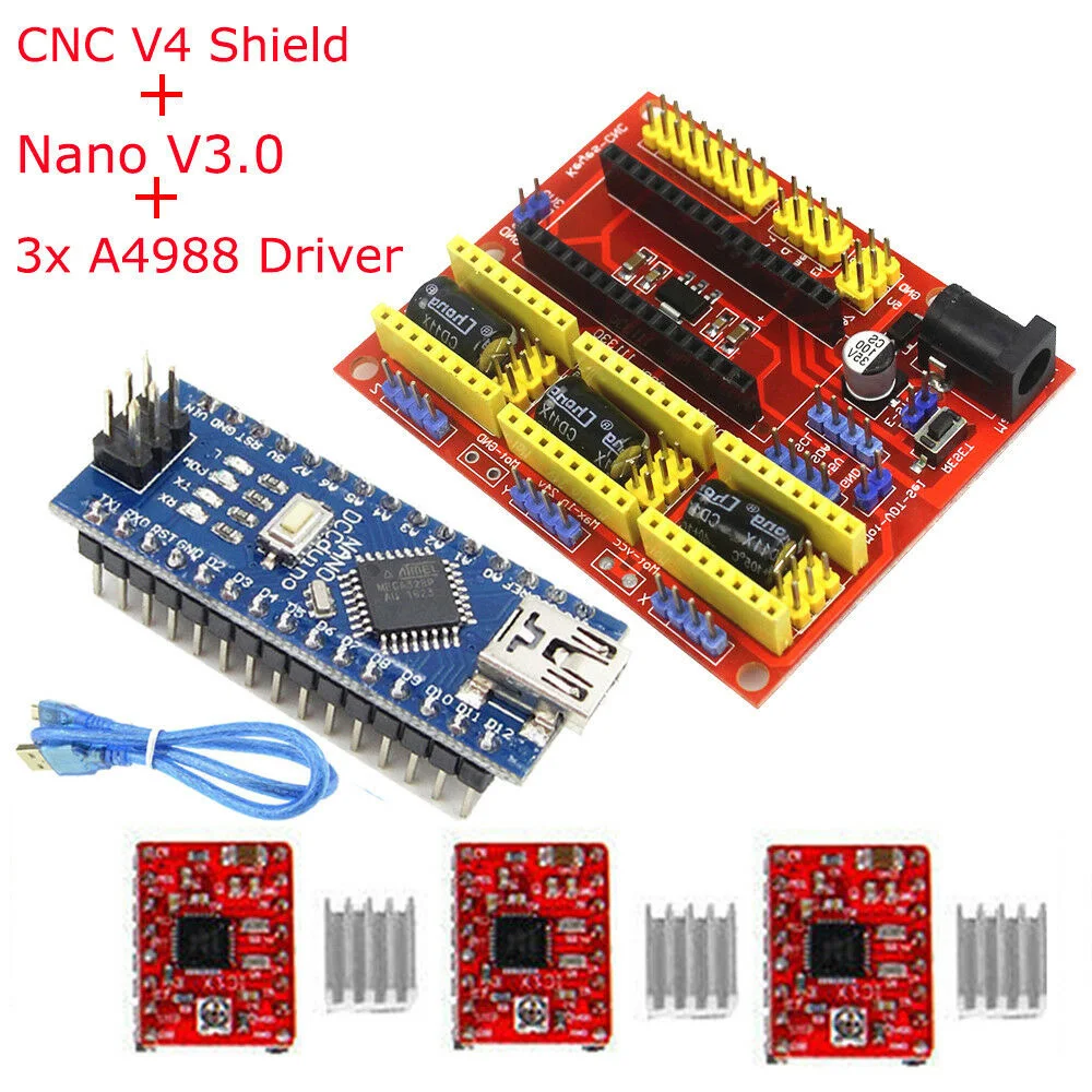 Драйвер шагового двигателя для 3d принтера CNC Shield V4 гравер плата расширения и Nano V3.0 и 3x A4988 Драйвер с USB кабелем