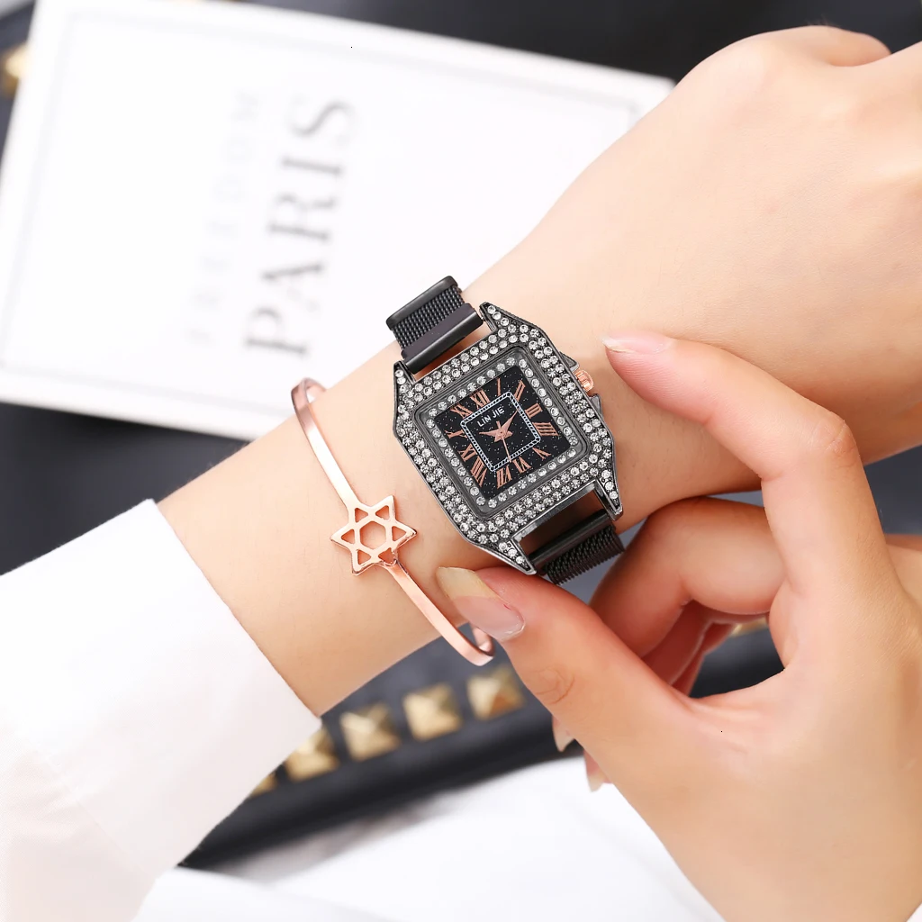 Women Magnet Buckle Square Case Shape Diamond Watch Luxury Ladies Stainless Steel Belt Quartz Watches Gift Clock