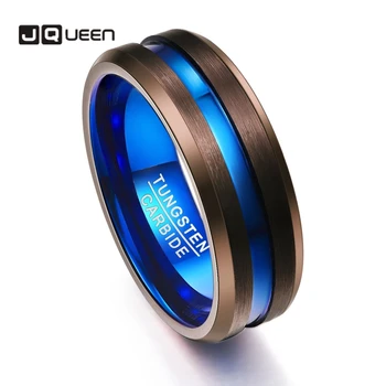 

JQUEEN 8MM Wide Plated Matte Surface Brown Tungsten Carbide Ring with Blue Groove T083R with Angled Size 7-12 for Men's Jewelry