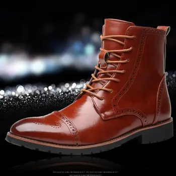 

38~48 Mens Fashion Leather Brogues Boots Dress Shoes Men High Top Pointed Toe Dr Martins Office Boots Snow Ankle Cowboy Booties
