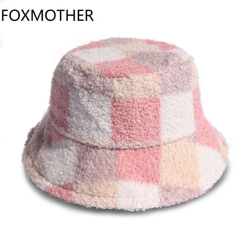 

FOXMOTHER New Outdoor Fashion Panama Fishing Caps Faux Fur Check Plaid Bucket Hats Bob Chapeau femme Winter gorras