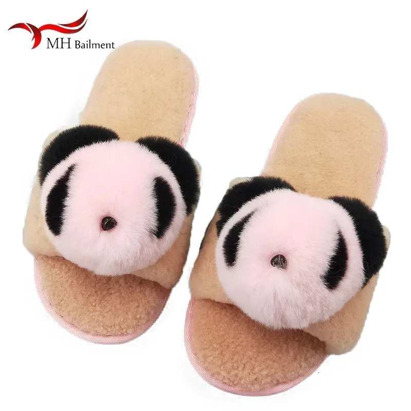 

Non-slip Thick Warm Soft Bottom Rex Rabbit Fur Bear Slippers New Winter Sheep Shearing Fur One Home Cotton Shoes Hot Women J8