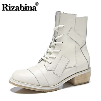 

RIZABINA New Cow Leather Ankle Boots For Women Zipper Cross Strap Thick Heels Shoes Winter Warm Women Footwear Size 35-39
