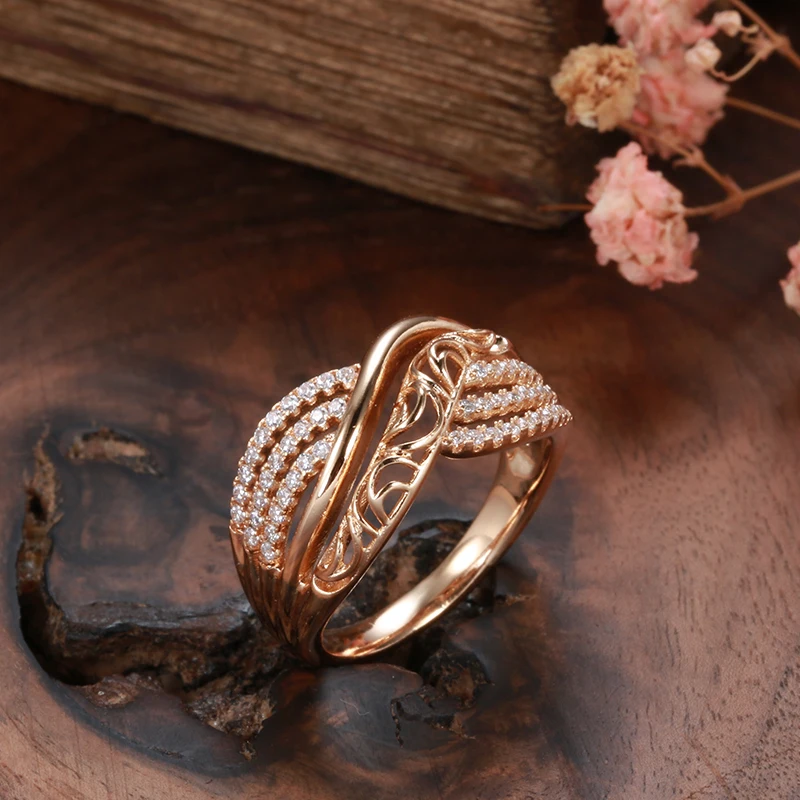 Kinel Hot Luxury 585 Rose Gold Ethnic Bride Wedding Ring Hollow Flower Natural Zircon Women Rings Trend Daily Vintage Jewelry