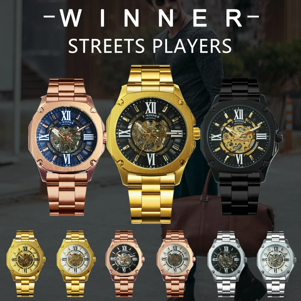 Tanie Zwycięzca oficjalna moda automatyczny zegarek mężczyźni szkielet mechaniczne męskie zegarki Top marka luksusowy zegarek ze stali nierdzewnej kwadratowy