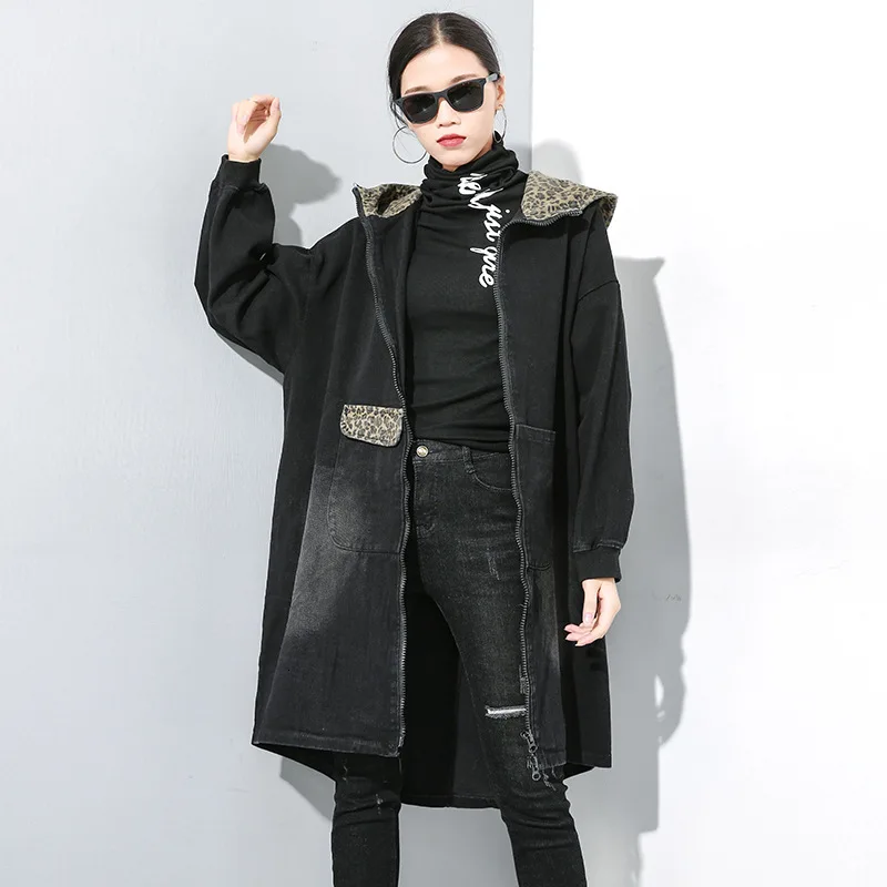 Max LuLu Fashion Korean Ladies Punk Oversized Clothes Womens Hooded Leopard Denim Trench Coats Vintage Black Long Windbreakers