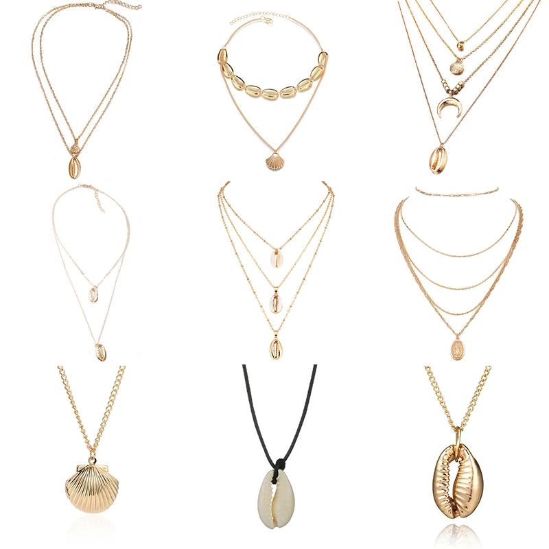 

x171Boho Jewerly Multilayer Shell Necklace Women Gold Chain Pendants Choker Necklaces Gothic Bijoux Femme collares de moda 2019