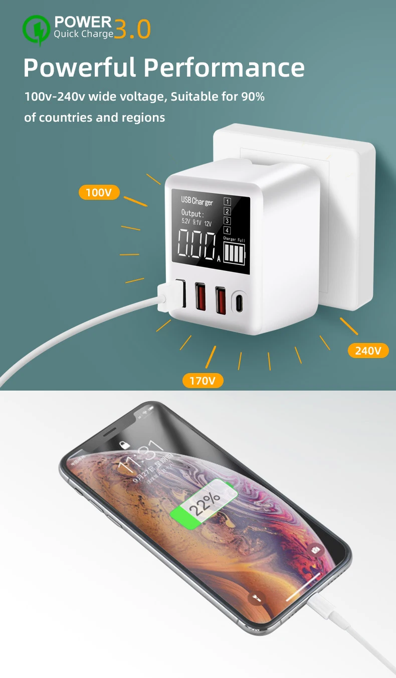 Usb type C зарядное устройство 30 Вт Быстрая зарядка QC3.0 портативное PD зарядное устройство светодиодный дисплей USB зарядное устройство для iPhone X samsung дорожный адаптер