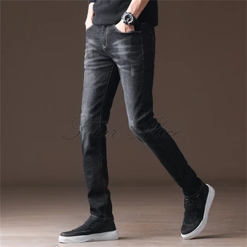 

Free shipping 2020 men's four seasons new feet jeans high-end elastic claw pattern slim youth casual pants pencil pants