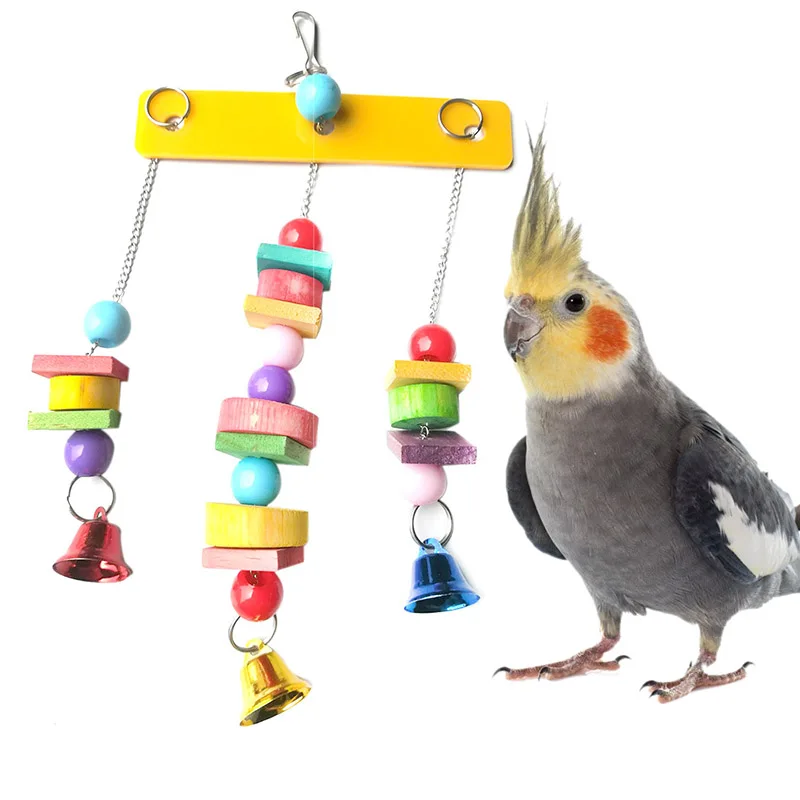 

Parrot Chewing Toys Macaw Colorful Wooden Blocks Bells Hanging Acrylic Bite toy Cockatoo Stand Rack Bird Cages Toy Pet Product
