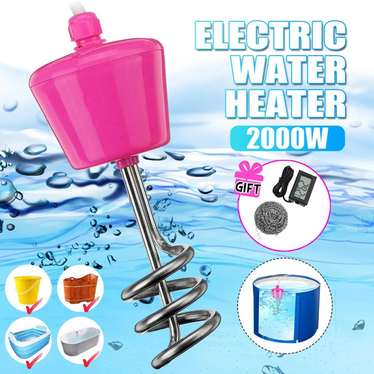 

2000W Floating Electric Heater Boiler Water Heating Portable Immersion Suspension Bathroom Swimming Pool Heater US 3 Meter Cabl