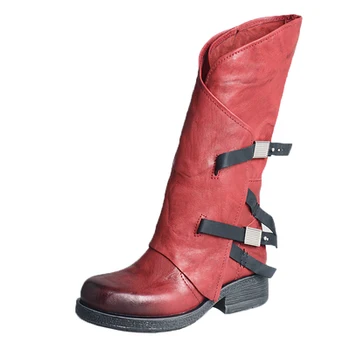 

Ladies Biker New Genuine Leather Mid-Calf Boots Buckle Cowboy Boots Shoes Women Motorcycle Botas Flat /Height increasing heel