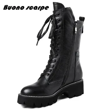 

2020High Quality Fashion Autumn Winter Boots Women Zip Cross Tied Mid Calf Boots Square Heel Classic Ladies Leather Knight Boots