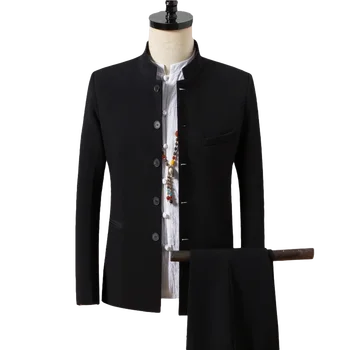

Traditional Chinese Style Autumn Tunic Suit Men's Solid color Casual Stand Collar Suits With Pants 2pcs Blazer+Pant Office Wear