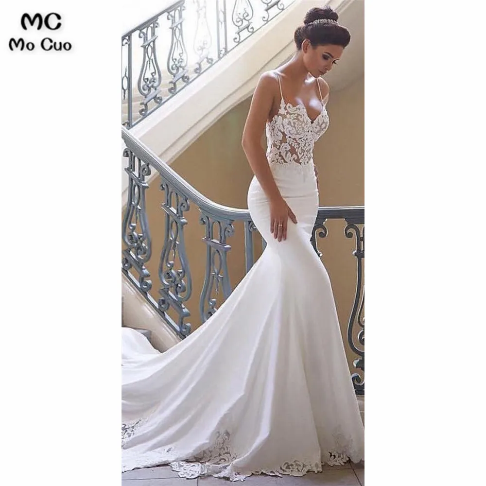 Illusion Mermaid Women's Wedding Dress Spaghetti Straps Elastic Satin Vestidos de novia Lace Bridal Dress Wedding Gown